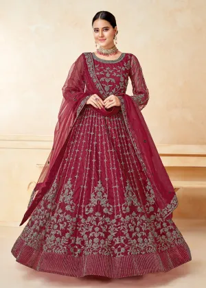 Elegant Maroon Net Wedding Wear Anarkali Dress