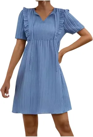 Elegant Ruffles Drawstring V Neck Short Sleeve Short Mini Dresses for Women Summer High Waist Swing A-Line Sun Dress