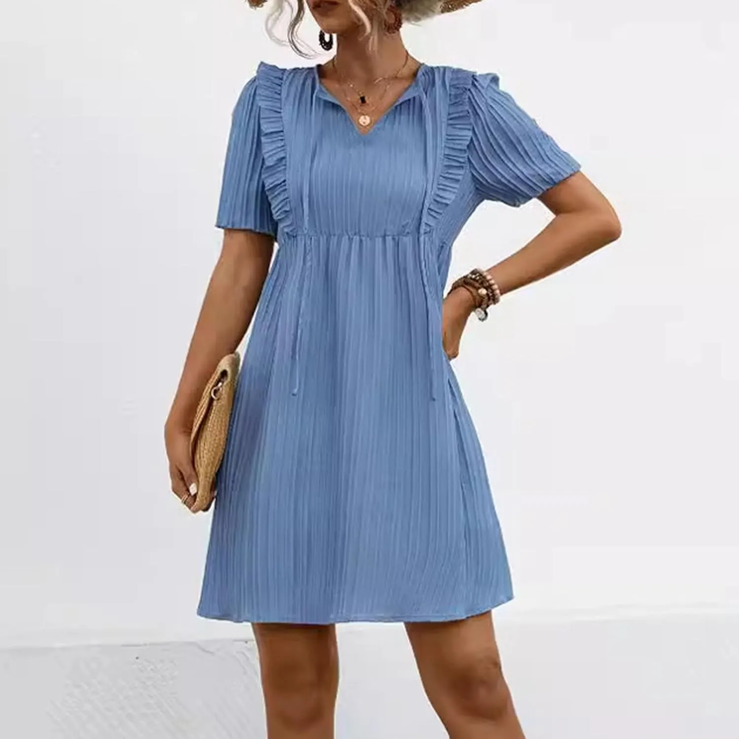 Elegant Ruffles Drawstring V Neck Short Sleeve Short Mini Dresses for Women Summer High Waist Swing A-Line Sun Dress