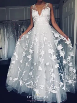 Flattering V Neckline Prom Wedding Gown With Embroidery Appliques