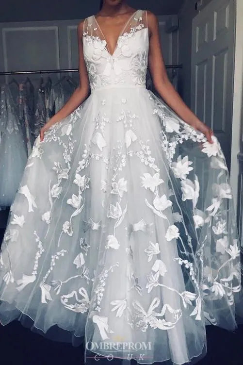 Flattering V Neckline Prom Wedding Gown With Embroidery Appliques