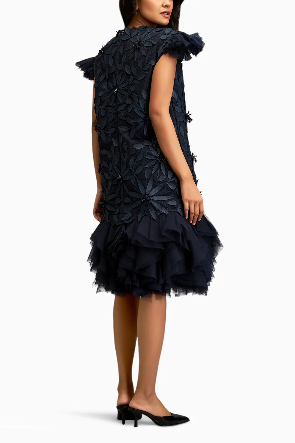 Floral Applique Blue Short Dress With Layered Ruffled Hem And Slip