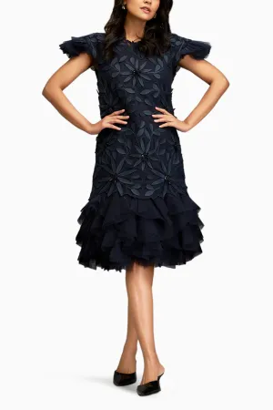 Floral Applique Blue Short Dress With Layered Ruffled Hem And Slip