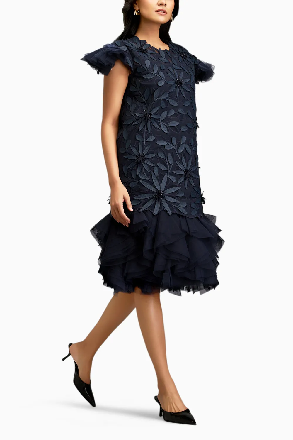 Floral Applique Blue Short Dress With Layered Ruffled Hem And Slip