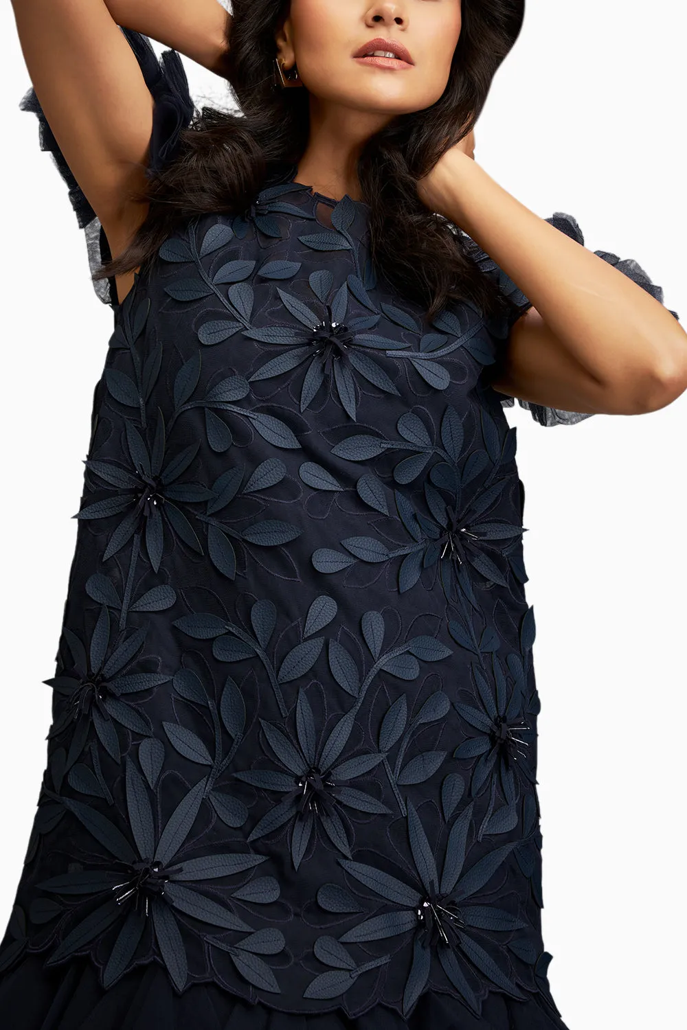 Floral Applique Blue Short Dress With Layered Ruffled Hem And Slip