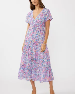 Floral V-Neck Maxi Dress - Light Blue/Plum