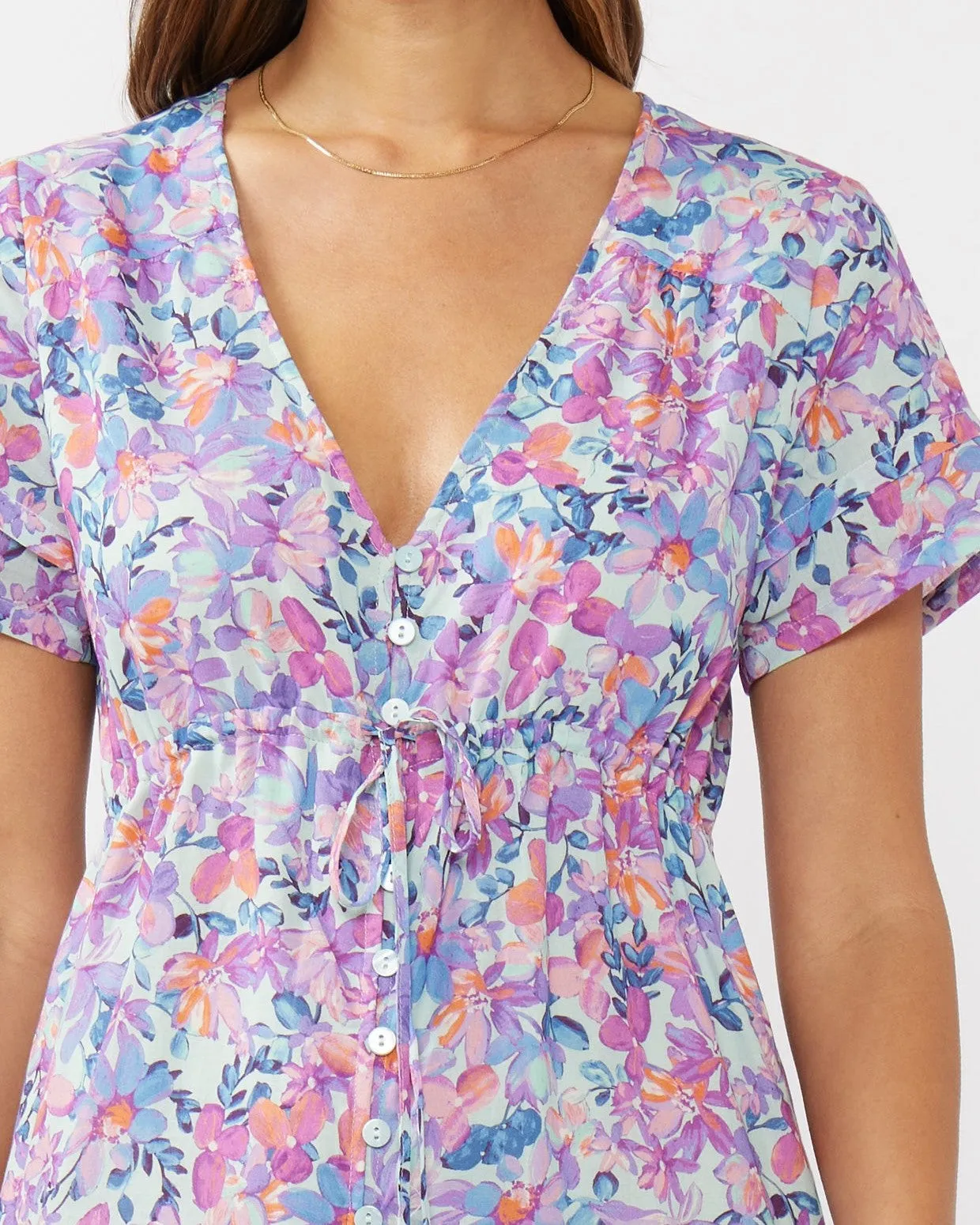 Floral V-Neck Maxi Dress - Light Blue/Plum
