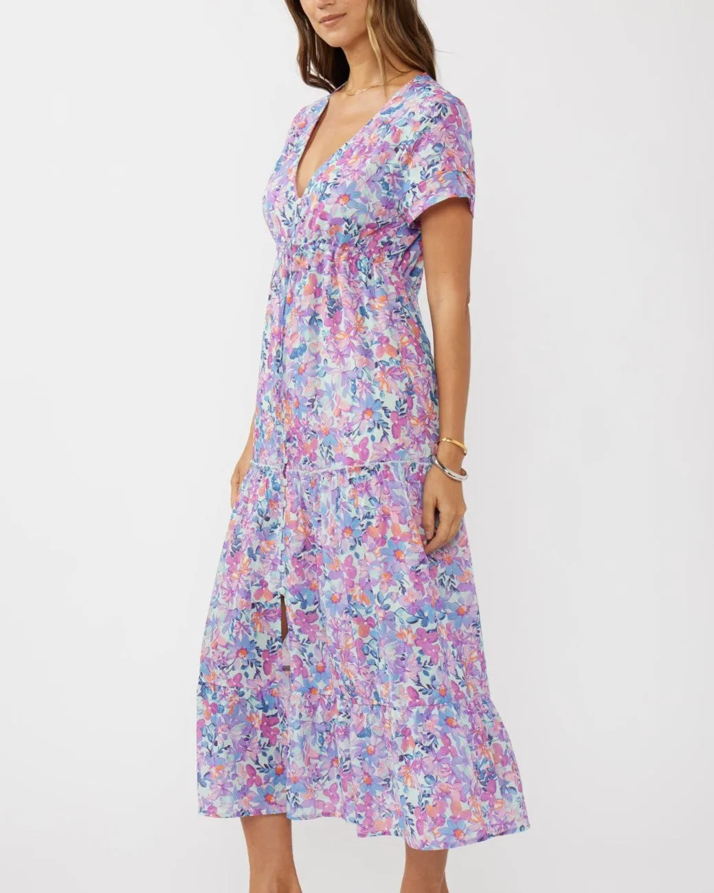 Floral V-Neck Maxi Dress - Light Blue/Plum