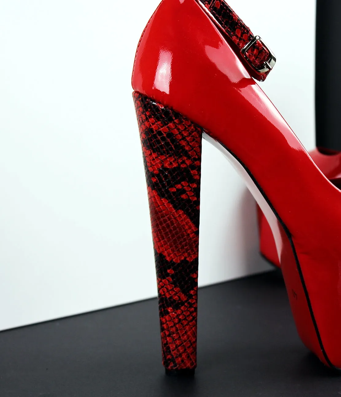 Genuine Leather Red Snake Detail  Chunky Heels