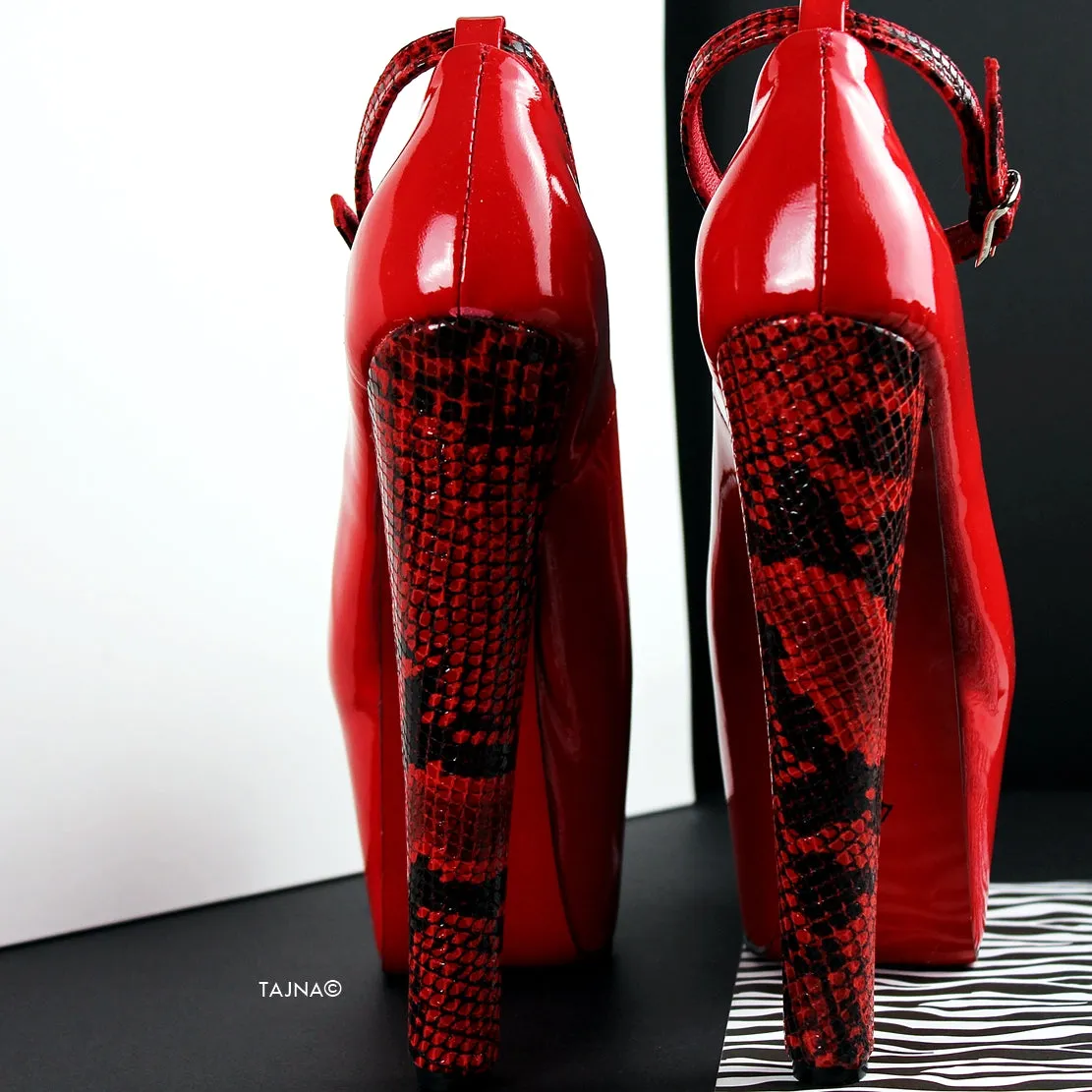 Genuine Leather Red Snake Detail  Chunky Heels