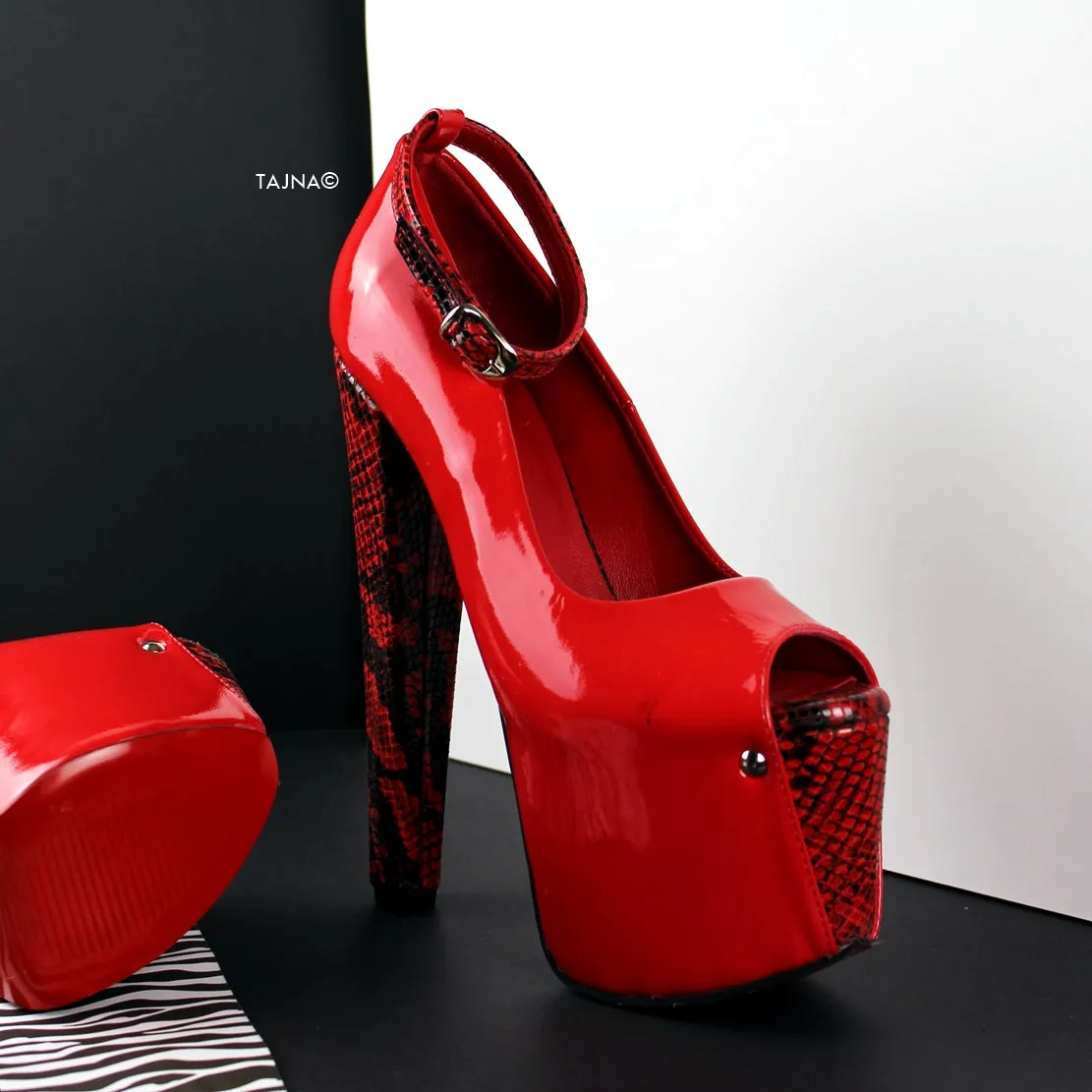 Genuine Leather Red Snake Detail  Chunky Heels