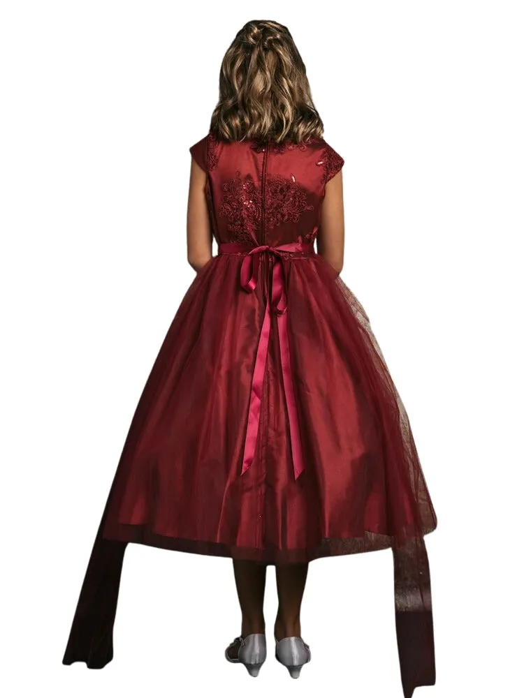 Girls Silk Embroidered Top Tulle Overlay Dress 2-16
