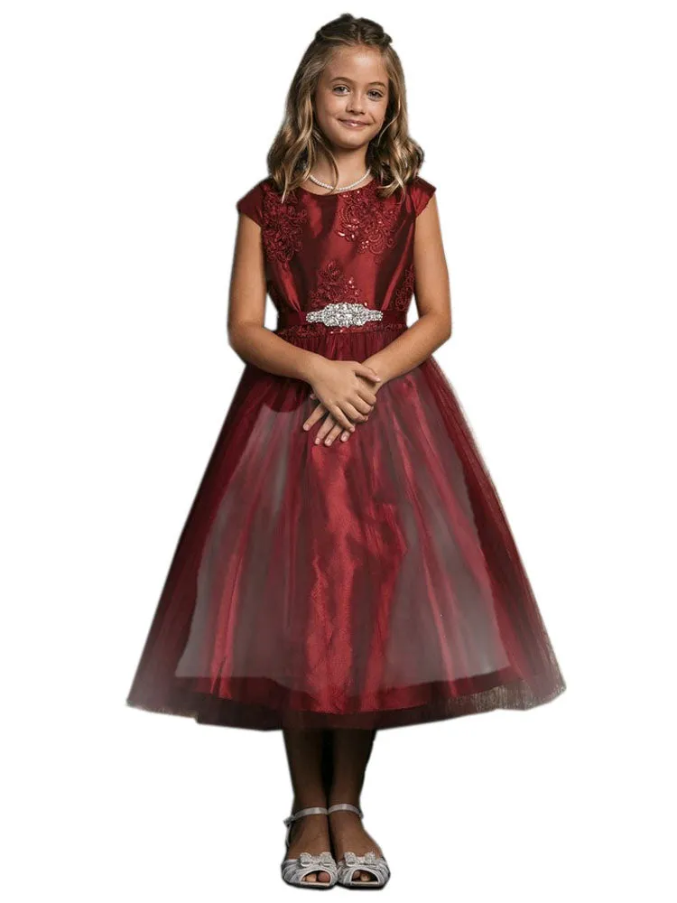 Girls Silk Embroidered Top Tulle Overlay Dress 2-16