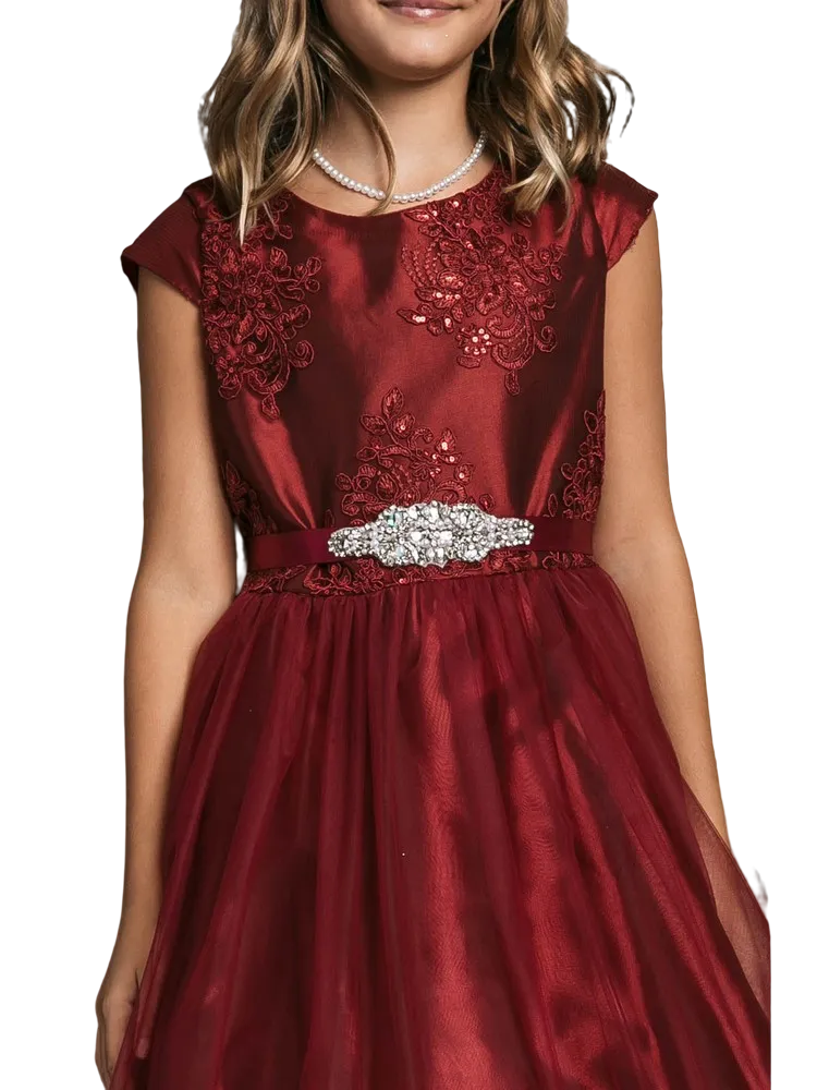 Girls Silk Embroidered Top Tulle Overlay Dress 2-16