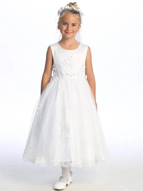 Girls White Embroidered Tulle Corset Sides Satin Communion Dress 6-12