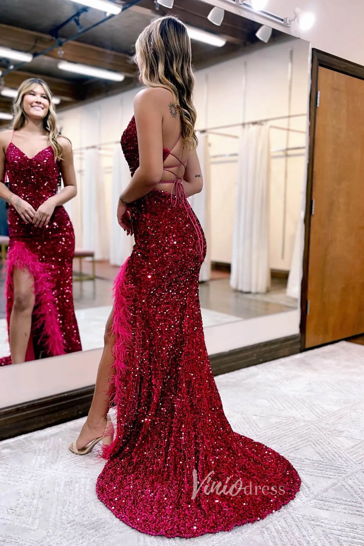 Glamorous Sequin Mermaid Prom Dress with Feather, Spaghetti Strap, and Slit FD3463