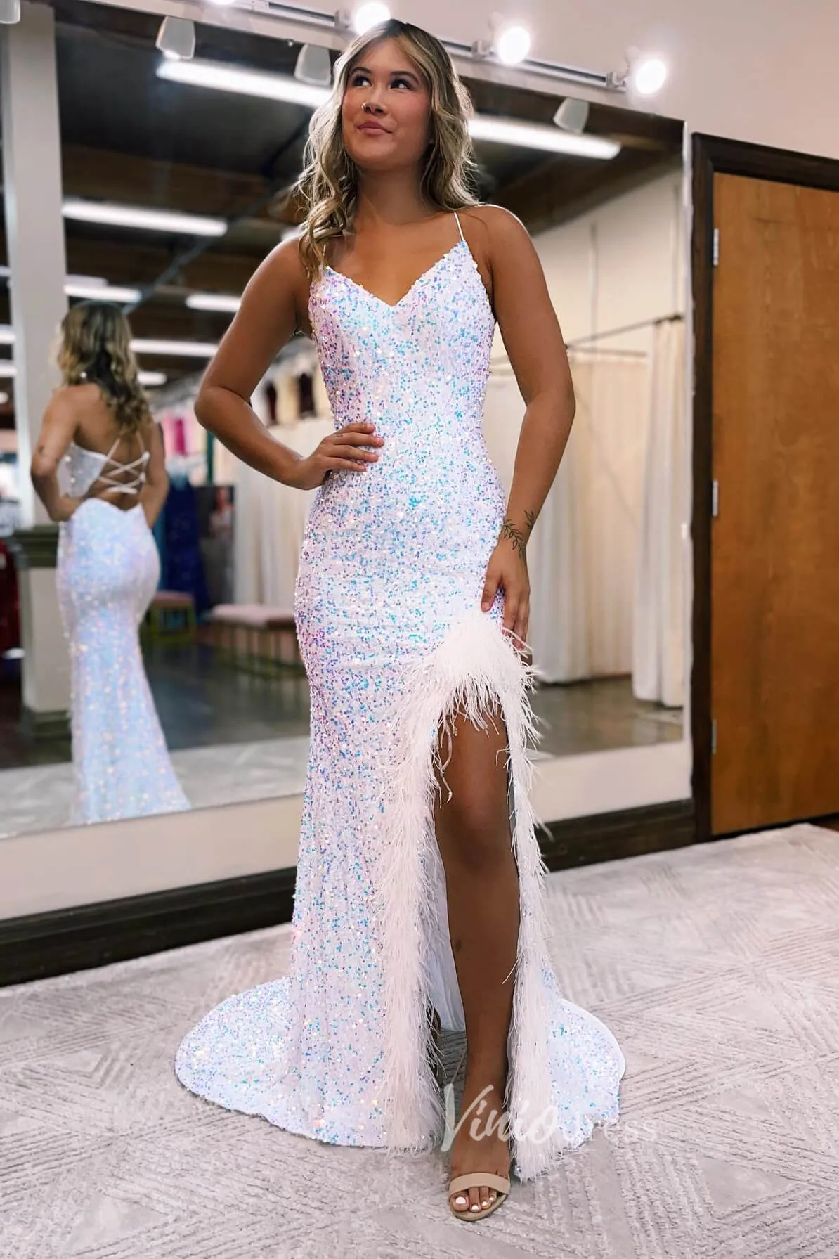 Glamorous Sequin Mermaid Prom Dress with Feather, Spaghetti Strap, and Slit FD3463