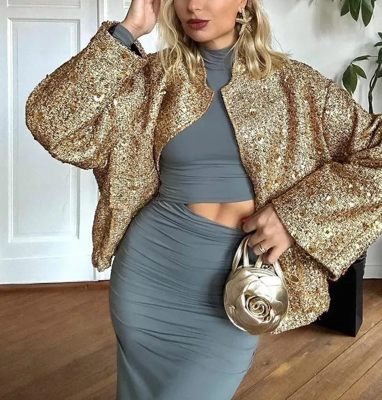 Gold Sequin Loose Fit Warm Jacket