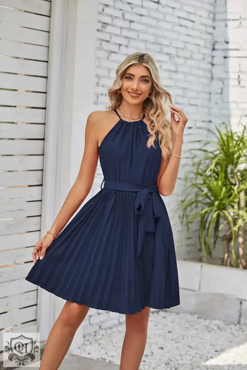 Halter Lace-Up Pleated Mini Dress