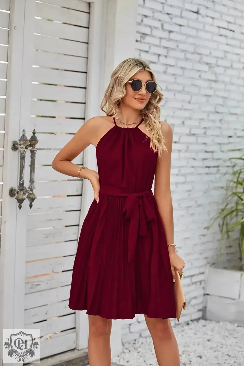 Halter Lace-Up Pleated Mini Dress