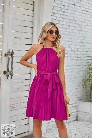 Halter Lace-Up Pleated Mini Dress