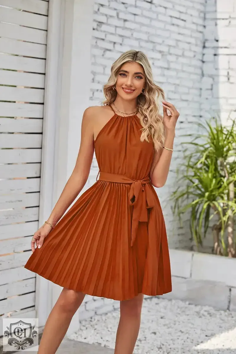 Halter Lace-Up Pleated Mini Dress