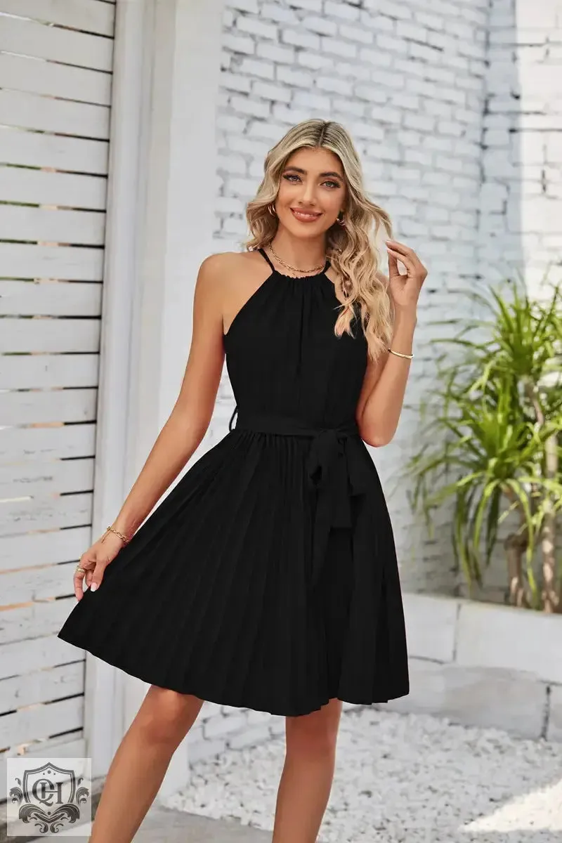 Halter Lace-Up Pleated Mini Dress