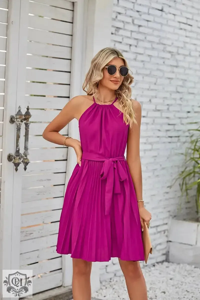 Halter Lace-Up Pleated Mini Dress