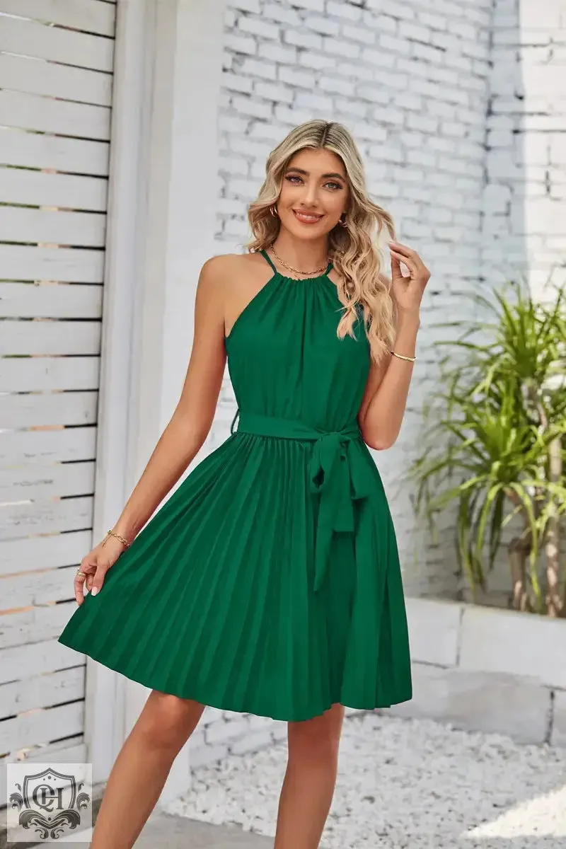 Halter Lace-Up Pleated Mini Dress