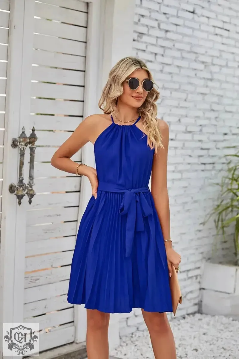 Halter Lace-Up Pleated Mini Dress