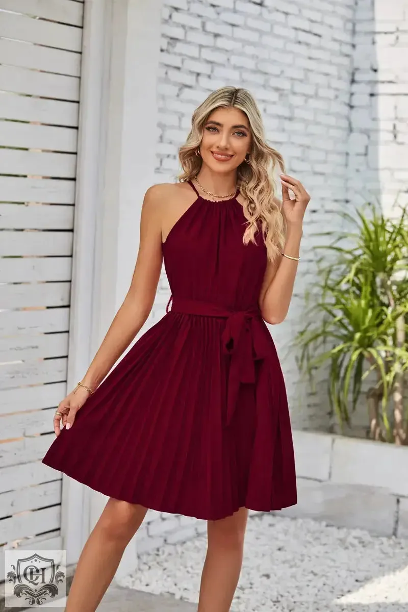 Halter Lace-Up Pleated Mini Dress