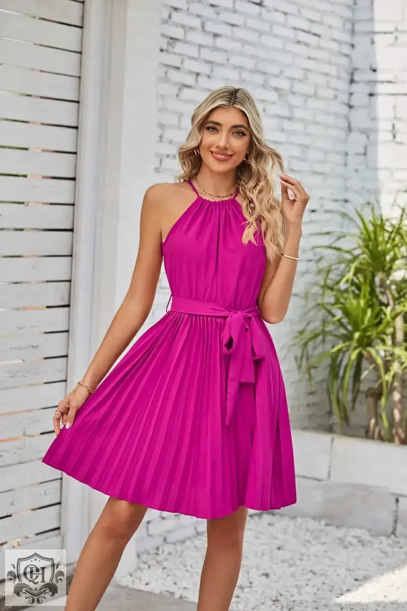 Halter Lace-Up Pleated Mini Dress