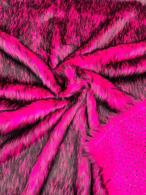 Husky Long Pile Fur Fabric - Hot Pink / Black - Faux Husky Fur Fabric 2 Tone Shaggy Fur By Yard