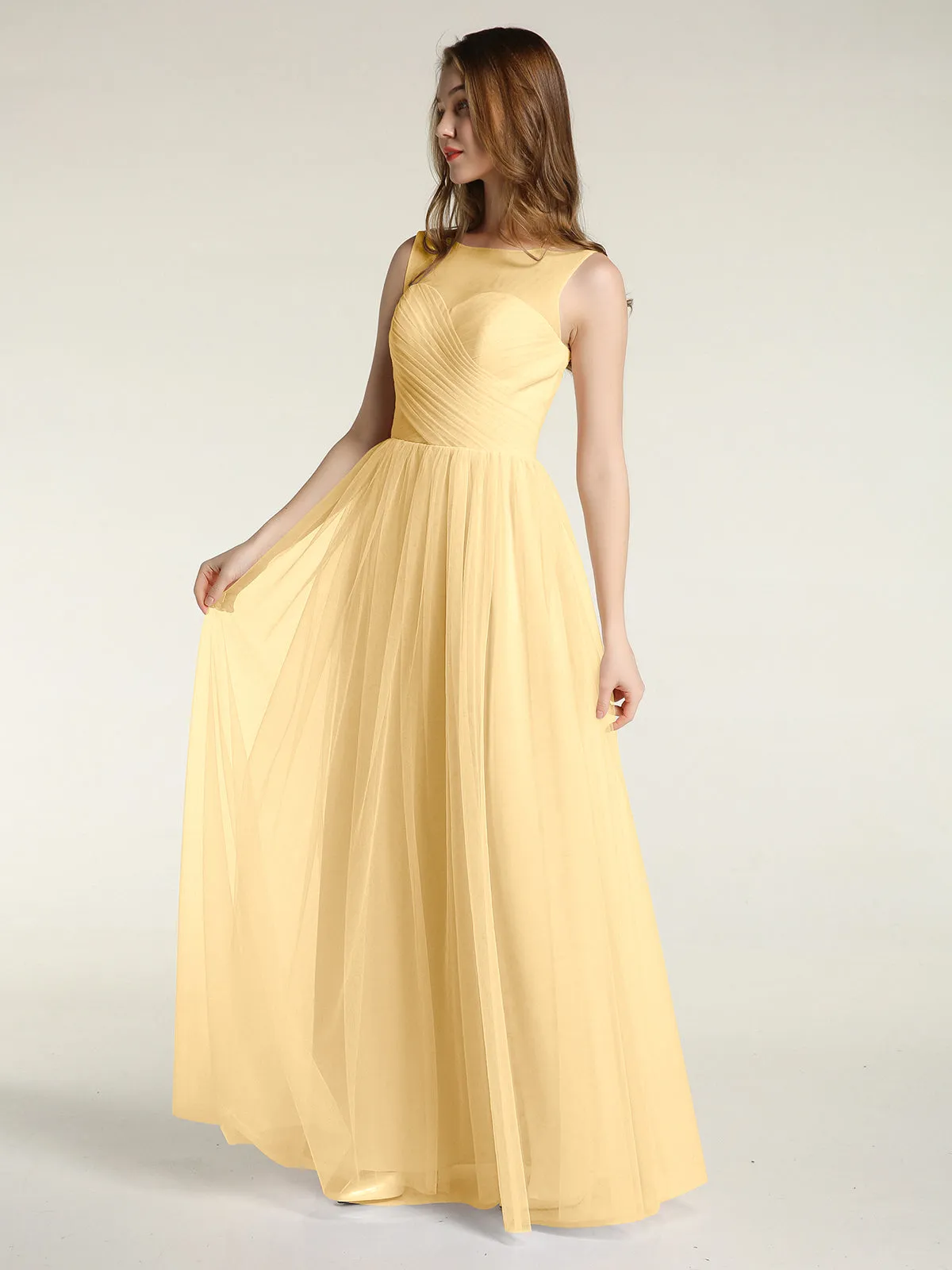Illusion Neck Cross Tulle Bridesmaid Dresses-Gold Plus Size