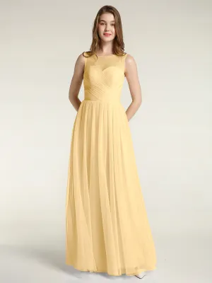 Illusion Neck Cross Tulle Bridesmaid Dresses-Gold Plus Size