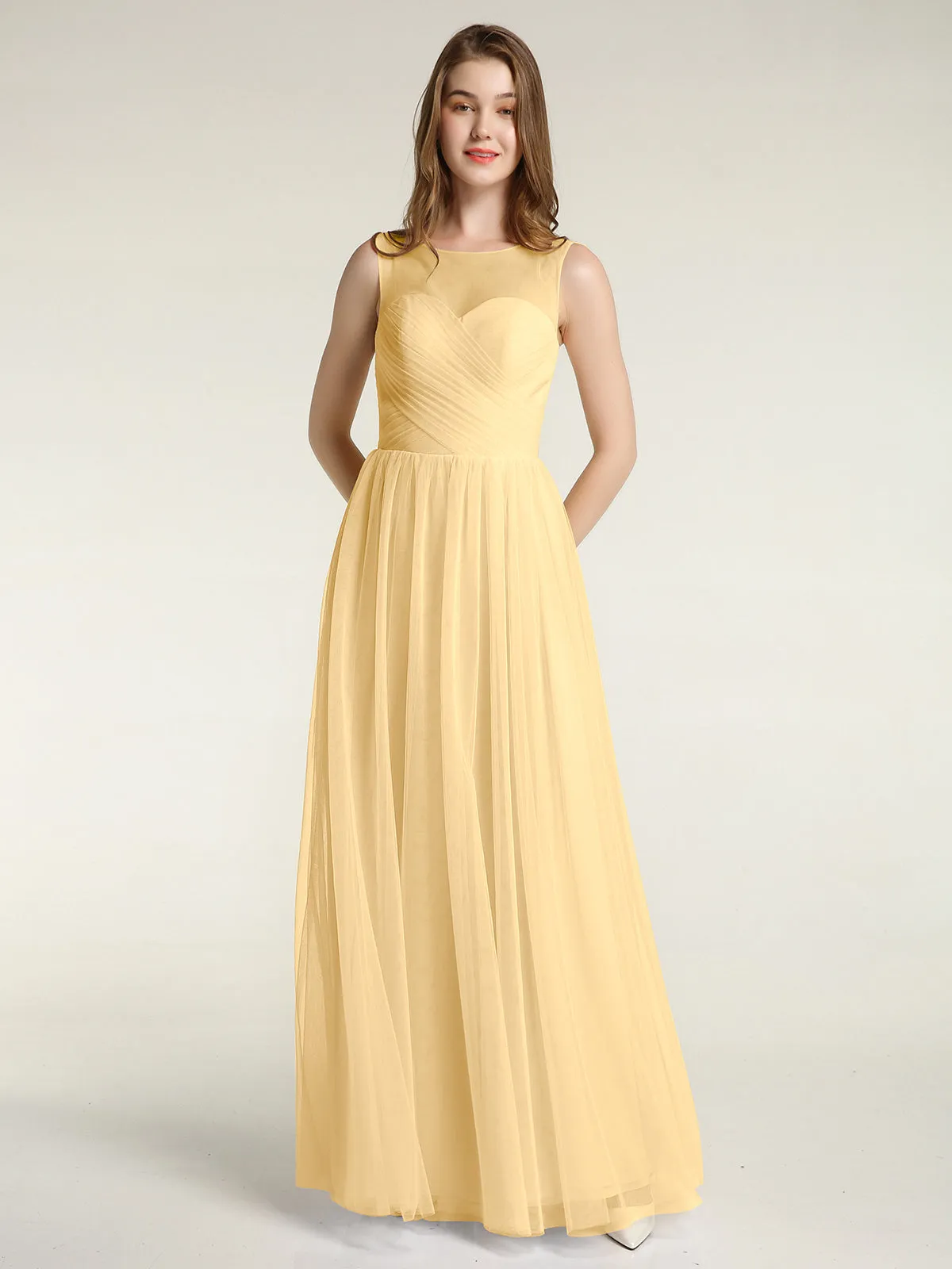 Illusion Neck Cross Tulle Bridesmaid Dresses-Gold Plus Size