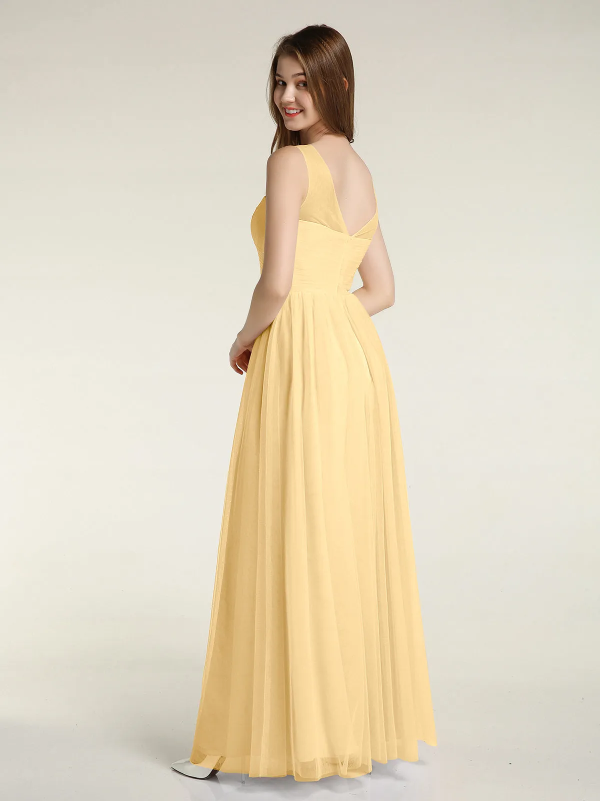 Illusion Neck Cross Tulle Bridesmaid Dresses-Gold Plus Size