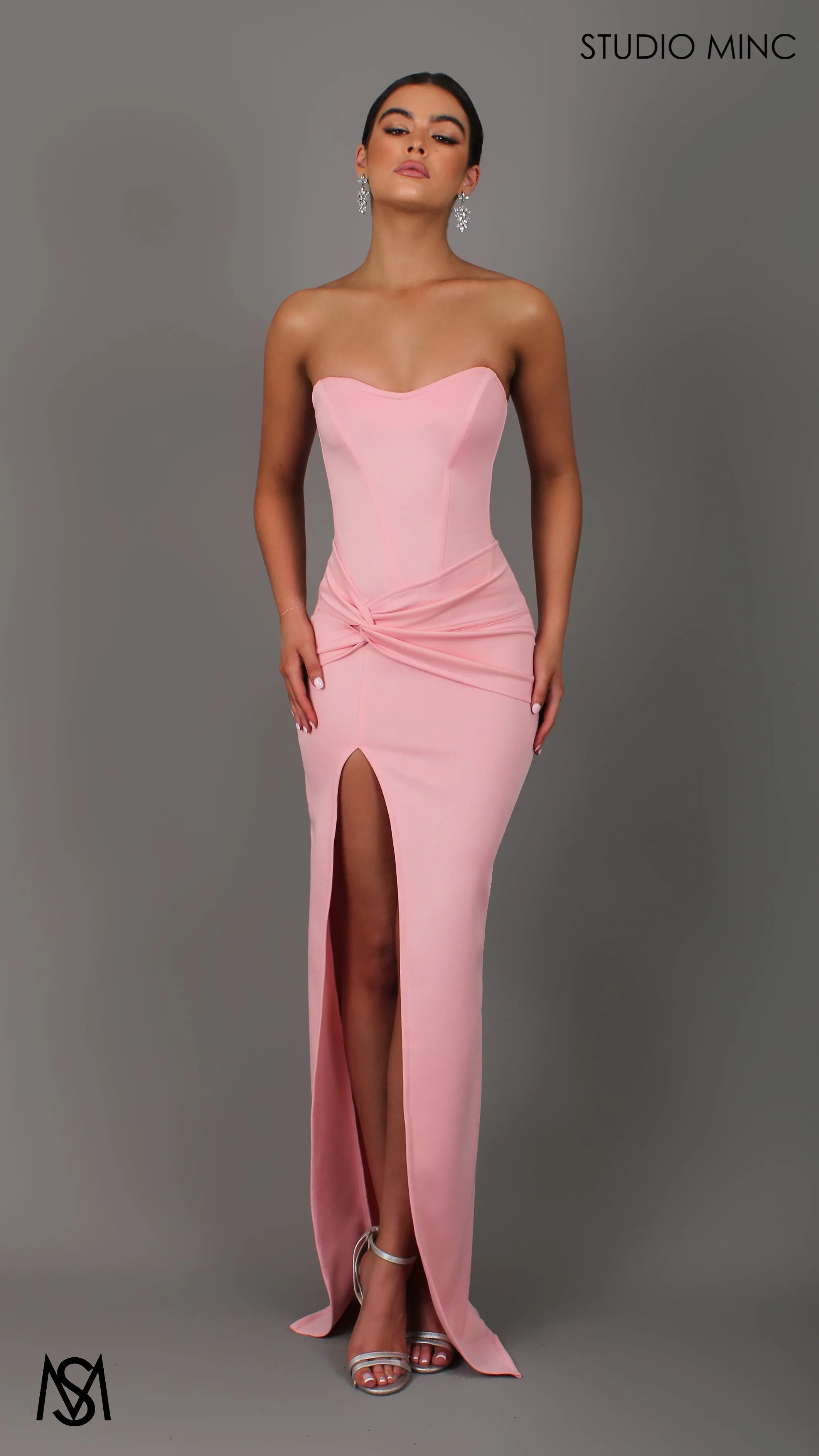 Iris - Pink Formal Dress, Satin Strapless Corset Lace Up Fitted Leg Split
