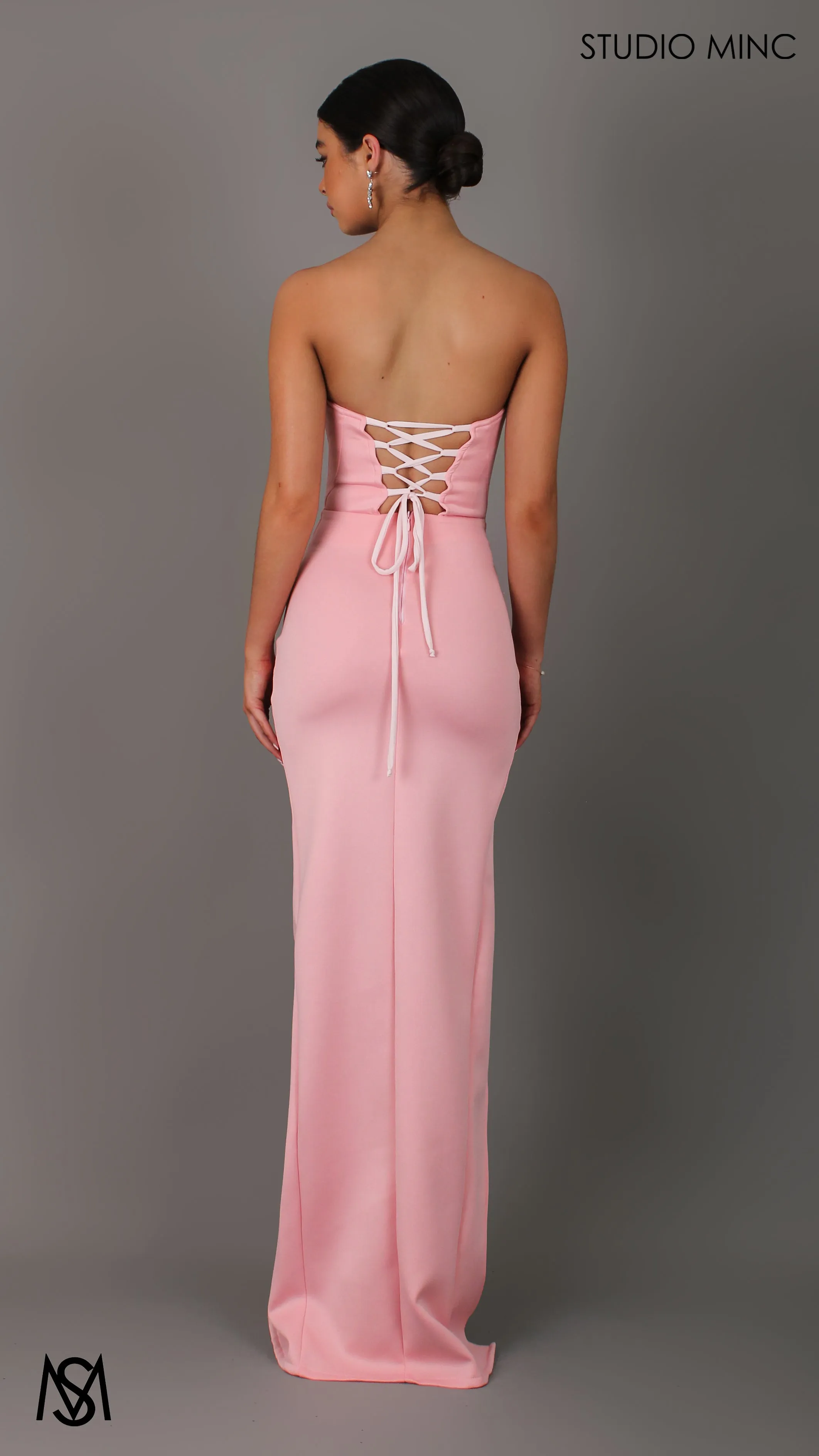 Iris - Pink Formal Dress, Satin Strapless Corset Lace Up Fitted Leg Split