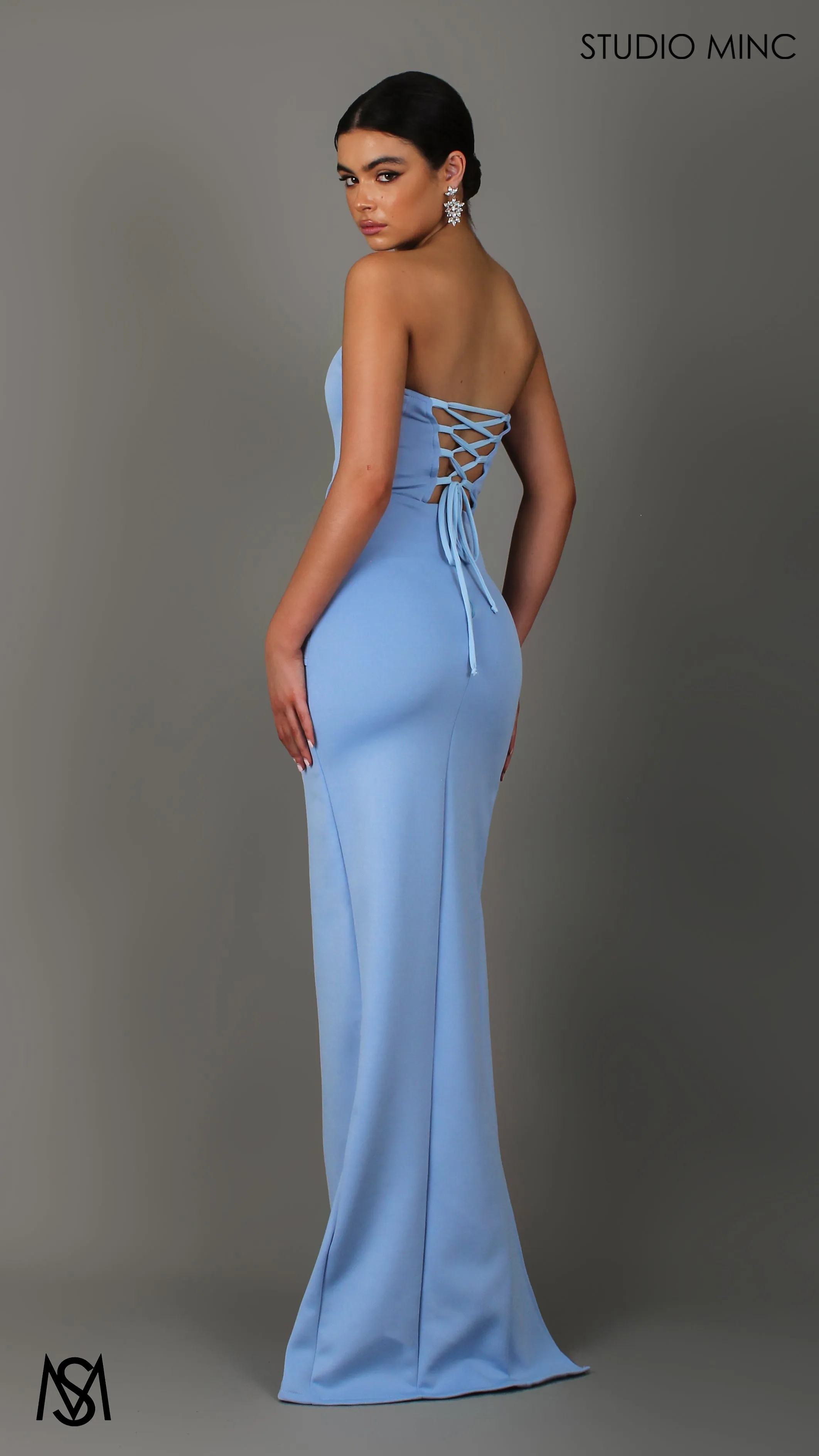 Iris - Powder Blue Formal Dress, Satin Strapless Corset Lace Up Fitted Leg Split