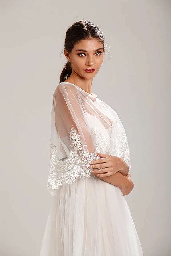 Ivory Lace Trim Wedding Dress Capelet Bridal Shawl With Crystals Style-5