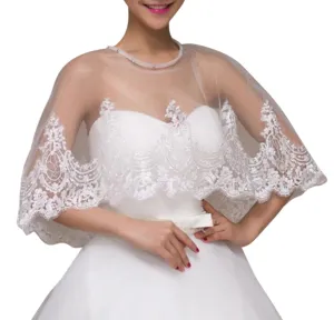 Ivory Lace Trim Wedding Dress Capelet Bridal Shawl With Crystals Style-5