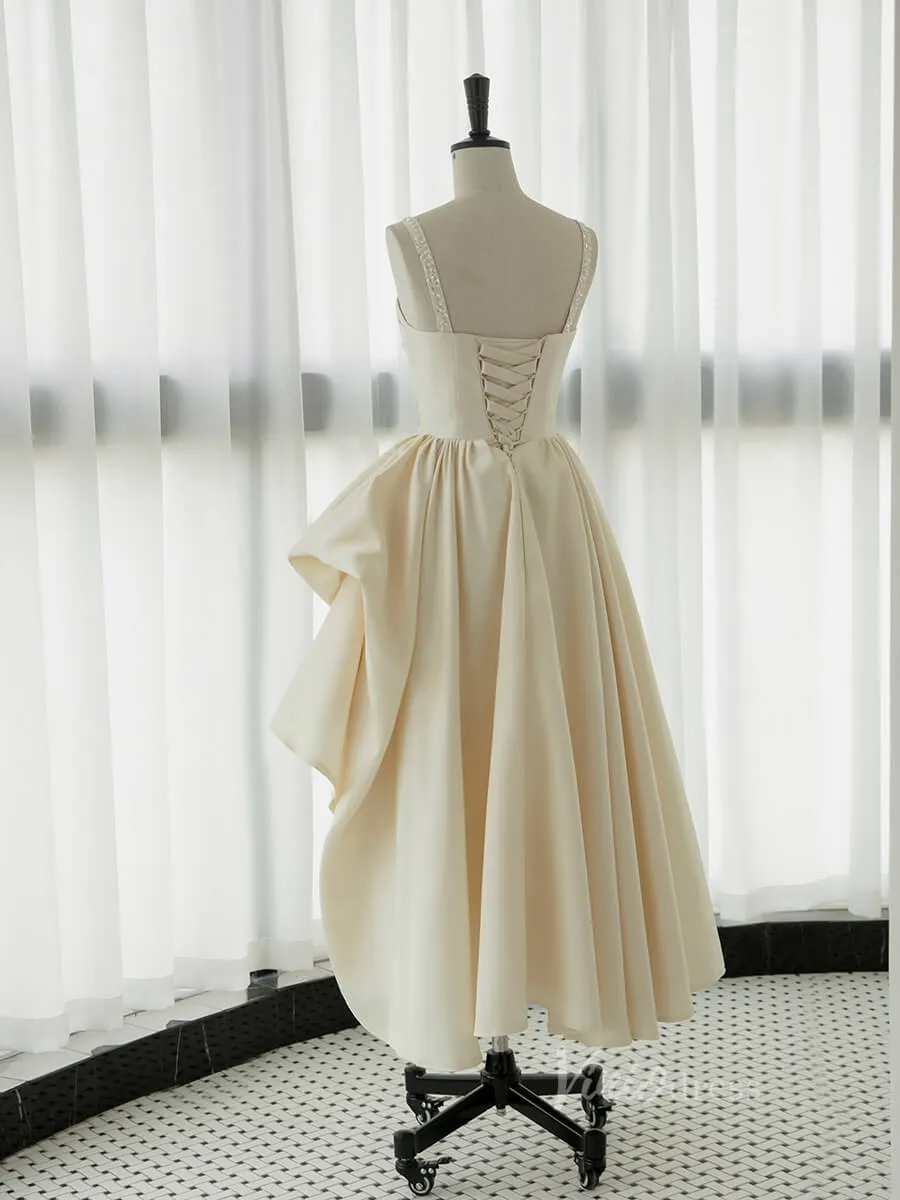 Ivory Spaghetti Strap Prom Dresses Satin Tea-Length Dress AD1084