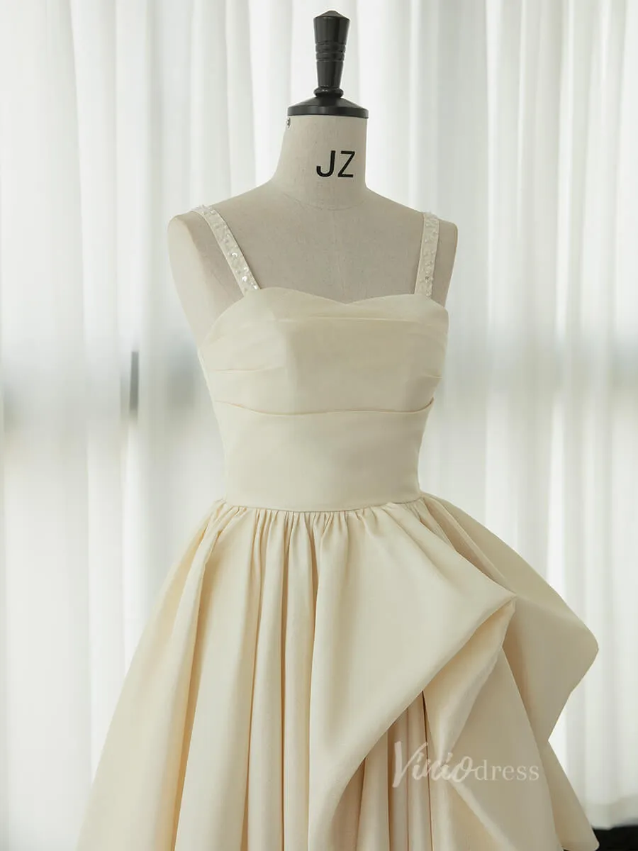 Ivory Spaghetti Strap Prom Dresses Satin Tea-Length Dress AD1084
