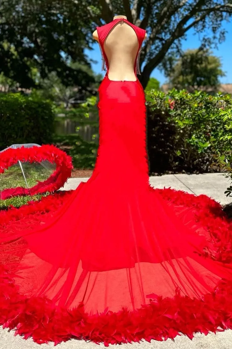 kamahe Deep V-neck Mermaid Ruby Feather Silver Beaded Prom Dresses