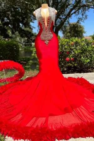 kamahe Deep V-neck Mermaid Ruby Feather Silver Beaded Prom Dresses