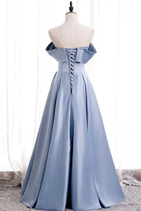 Kateprom Chic A line Off the shoulder Beaded Floor Length Prom Dress Satin Evening Dress KPP1510