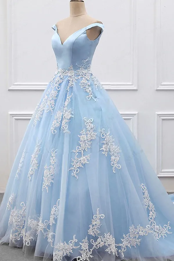 Kateprom Chic A line V neck Light Sky Blue Tulle Applique Modest Prom Dress Evening Dress KPP1615