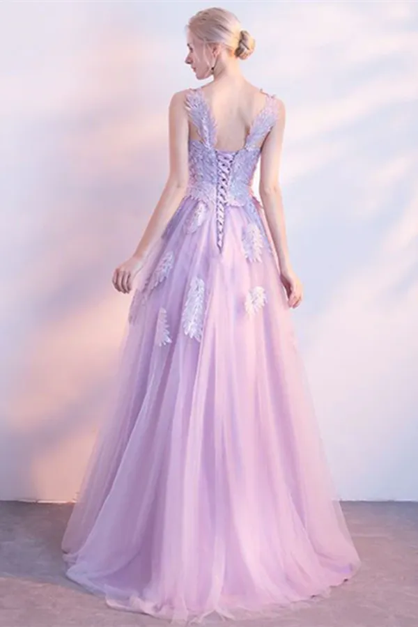 Kateprom Chic Lilac Prom Dress A line Applique Modest Long Prom Dress Evening Dress KPP1613