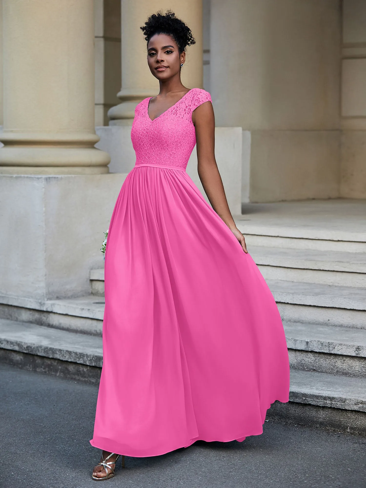 Lace and Chiffon Maxi Dress with Cap Sleeves-Azalea